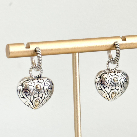 925 Sterling Silver & 14K Gold Puffy Heart Openwork Filigree Scroll Earrings - Picture 4 of 16